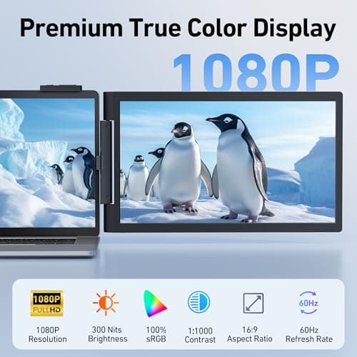 Pornitor Laptop Screen Extender, 14’’ FHD 1080P Triple Portable Monitor for Laptop with Ultra-Slim IPS Display, USB-C Plug and Play Multi Screen Attachment for 14"-15.6" Laptops 3