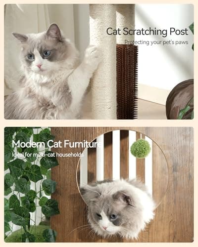 FourFurPets Large Cat Tree with Leaves, 72.8-Inch Cat Tower for Indoor Cats, Modern Cat Tree with Scratching Post, Large Perch, Tunnels, Swing Ball, Self Groomer, Greige 6