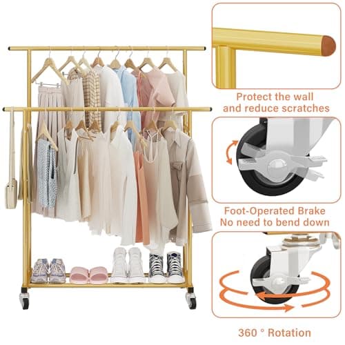 Calmootey Double Rod Clothing Garment Rack,Rolling Hanging Clothes Rack,Portable Clothes Organizer for Bedroom,Living Room,Clothing Store,Gold 8