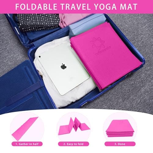 Primasole Folding Travel Yoga Mat Foldable light weight Easy to carry to Workout Fitness Class Beach Park Travel Picnics 4mm thick Azalea Pink Red Color PSS91NH027A 7