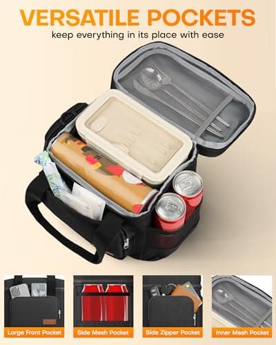 HOTOR Lunch Box for Men and Women - Leak-Proof Insulated Lunch Cooler Bag with Adjustable Strap, Multiple Pockets for Office, Picnic, Hiking, Beach, 1 Layer, 8L, Black, 9.8" x 8.7" x 5.9" 5