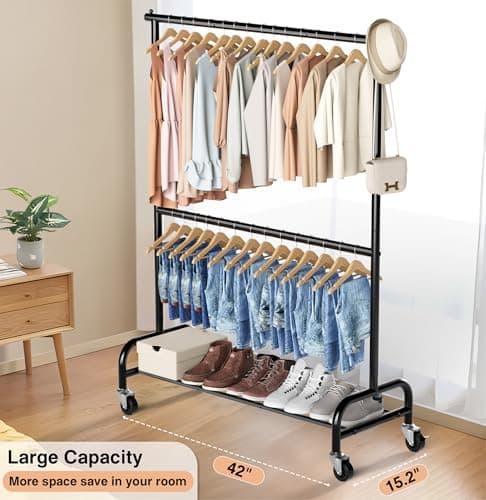 MISSLO Heavy Duty Clothing Racks for Hanging Clothes Rack Double Rod Garment Rack Rolling Closet Wardrobe Rack on Wheels, Metal, Adjustable, Black 4