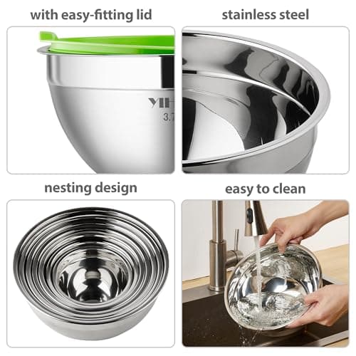 YIHONG 7 Piece Metal Mixing Bowls with Lids for Kitchen, Stainless Steel Set Ideal for Baking, Prepping, Cooking and Serving Food, Nesting Design for Space Saving Storage 5
