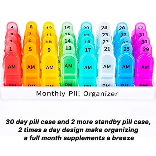Daviky Monthly Pill Organizer 2 Times a Day - 30 Day Pill Box AM PM, BPA Free One Month Medicine Organizer Twice Daily, 31-Day Case to Hold Vitamins, Supplements & Medication 7