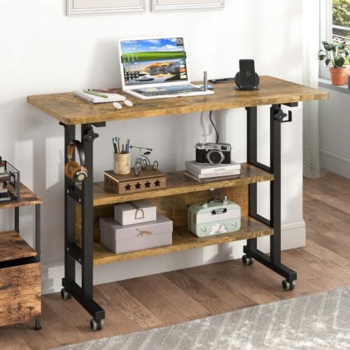 Hadulcet Small Standing Desk with Charging Station, Rolling Desk Adjustable Height, Mobile Laptop with Wheels, Portable Stand Up for Treadmill Walking Pad, 31.5 x 15.7 in, Rustic Brown