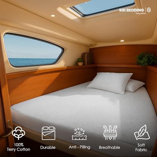 SGI Bedding Waterproof V Berth Mattress Protector 88" Head x 82” Length x 20"Foot – 15" Deep Pocket, 360° Fitted Style Mattress Pad Cover, Soft Noiseless & Breathable Cover for Boat – White 5