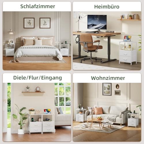 Somdot White Nightstand with Charging Station and LED Light for Bedroom, 2 Drawers Dresser with Fabric Bins for Bedside Kids Dorm Room Closet Laundry Entryway, White Leather 8