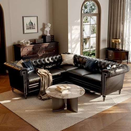 EYBCT Faux Leather Sectional Sofa for Living Room, Modern Chesterfield Reversible L Shaped Couch with Rolled Arms and Nailhead, 5 Seat Corner Sofa Couch for Small or Large Space (Black)