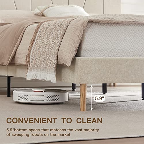 Flolinda King Size Bed Frame Upholstered Platform with Complete Headboard and Strong Wooden Slats, No Box Spring Needed, Easy Assembly,Beige 5