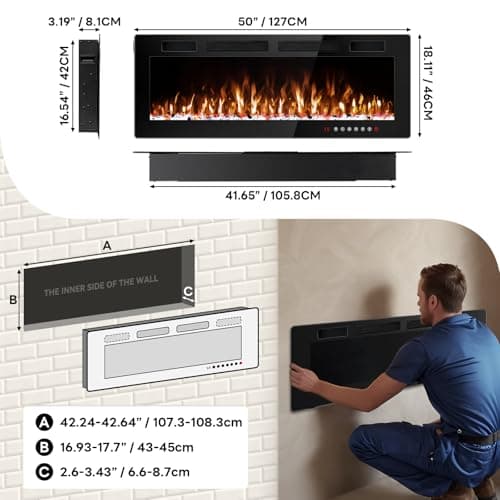 Tornivk 50 Inch Electric Fireplace Inserts Ultra-Thin 750/1500W Linear Electric Fireplace Heater Wall Mounted or Recessed Fireplace Electric with Adjustable Multicolor Flame,Timer 8