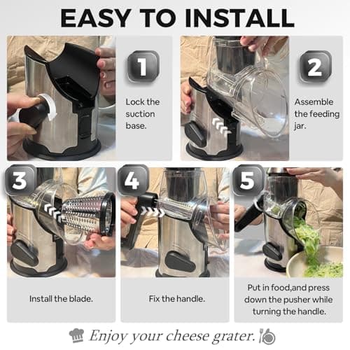 Lienffy Rotary Cheese Grater with Handle,3 Changeable Blades for Kitchen Vegetable Cheese Shredder Slicer Grater,Nut Grinder,Easy to Use and Clean,Stainless Steel-Black Silver 5