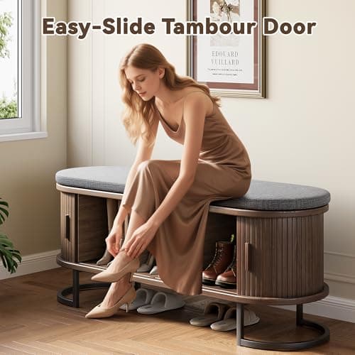 Decofy 47.2'' Entryway Storage Bench Seat with Sliding Door, Large Shoe Bench with Sturdy Metal Feet & Soft Cushion, Multi-Scene Use for Entrance, Bedroom & Living Room（Walnut） 8