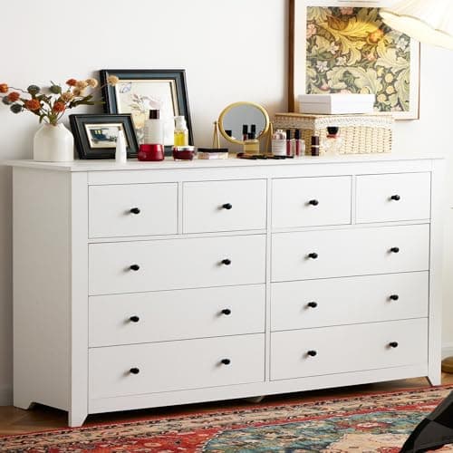 EnHomee 10 Drawer Dresser for Bedroom, Large Dressers & Chests for Bedroom,Modern White Wood Dresser for Clothes and Office Supplies, Multifunctional as TV Stand, Entryway Organizer Storage Cabinet 6