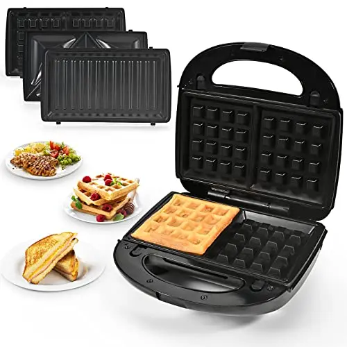 3 in 1 Sandwich Maker, Portable Waffle Iron Maker, Electric Panini Press with Removable Non-Stick Plates LED Indicator Lights, Cool Touch Handle for Breakfast Toaster, Grilled Cheese Bacon and Steak