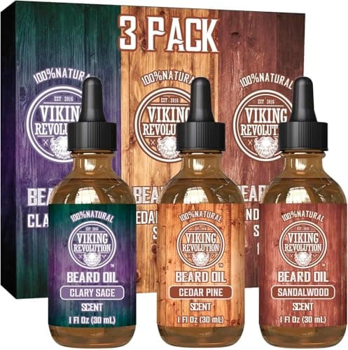 Viking Revolution Beard Oil for Men 3 Pack - Natural Mens Beard Oil Variety Set - Sandalwood, Pine and Cedar, Clary Sage Scents - Beard Conditioning and Moisturizing for a Healthy Beard (3 Pack, 1oz)