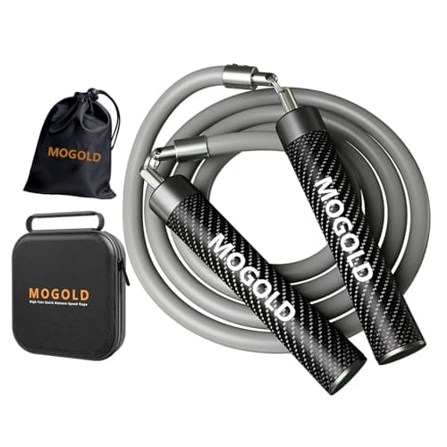 MOGOLD Weighted Jump Ropes 1lb with Heavy-Duty PVC Wire Cable & Durable Leather Skipping Rope Handles, Best for Fitness, High-Intensity Strength Workouts (Grey, XL - 9'6(User Height 6'0 +))