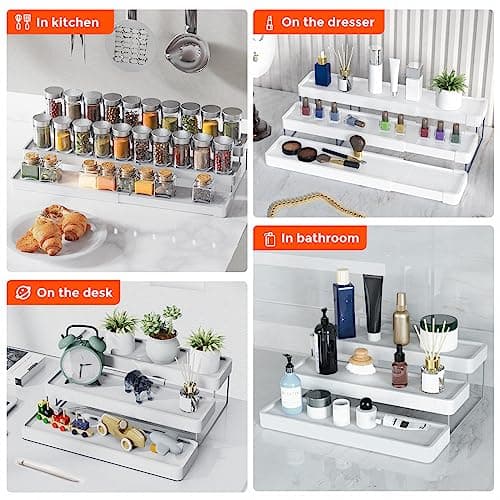 INVOCOO Expandable Spice Rack Organizer for Cabinet - 3 Tier Adjustable Cabinet Spice Organizer Easy Visibility - Spice Organizer for Cabinet Countertop Cupboard Pantry Organization (White) 8