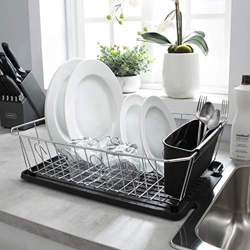 Kitchen Details 3 Piece Dish Rack | Drying Rack, Cutlery Basket & Drainboard Tray | Countertop | Self Draining | Open Wire Design | Chrome | Black 6