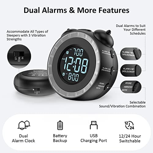 uscce Loud Dual Alarm Clock with Bed Shaker - 0-100% Dimmer, Vibrating Alarm Clock for Heavy Sleepers or Hearing Impaired, Easy to Set, USB Charging Port, Snooze, Battery Backup 6