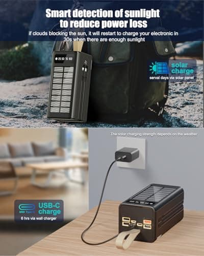 90000mAh Power Bank 35W Fast Charging with Solar Charger,Built-in USB-C/Lightning Cables High Capacity Portable Charger for Camping,Travel,Emergencies,Tech Devices| 9-Port PD/USB-C, LED Flashlight 5