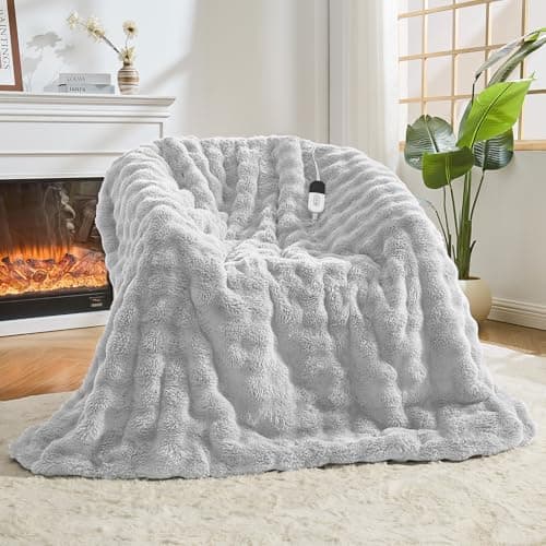 Easthome Heated Blanket Electric Throw Blanket 50''X 60''-Heating Blanket with 6 Heat Settings-4 Hours Auto Off,Cozy Faux Rabbit Fur Bubble Electric Blanket,Light Gray