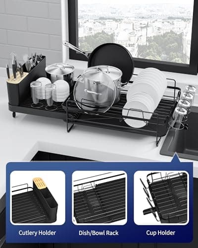 Kitsure Large Dish Drying Rack - Extendable Dish Rack, Multifunctional Dish Rack for Kitchen Counter, Anti-Rust Dish Drainers with Cutlery & Cup Holders 19.2"-26.7" L x 12.9" W, Black 8