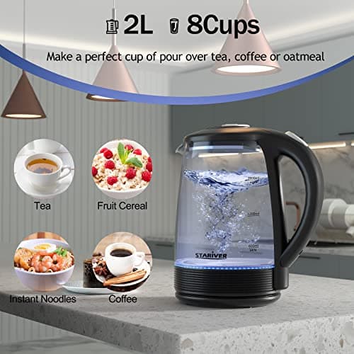 Stariver Electric Kettle, BPA-Free Glass Tea Kettle with LED, 2L Hot Water Kettle with Fast Boil, Auto Shut-Off & Boil-Dry Protection, Stainless Steel Inner Lid & Bottom, Black 5