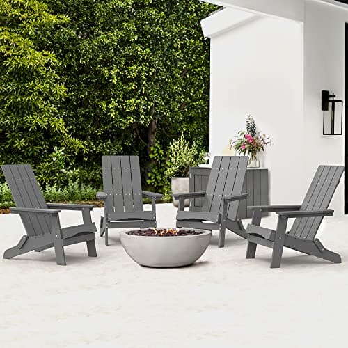 LUE BONA Folding Adirondack Chairs Set of 4, HDPS Poly Modern Adirondack Chair, Weather Resistant Plastic Adirondack Fire Pit Chairs for Patio, Porch, Deck, Pool, Garden, Backyard, Dark Gray
