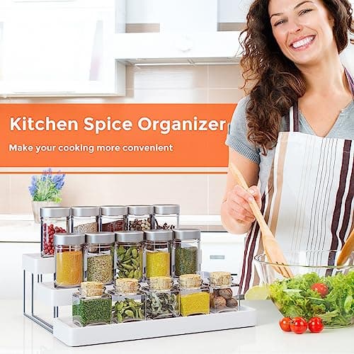 INVOCOO Expandable Spice Rack Organizer for Cabinet - 3 Tier Adjustable Cabinet Spice Organizer Easy Visibility - Spice Organizer for Cabinet Countertop Cupboard Pantry Organization (White) 7