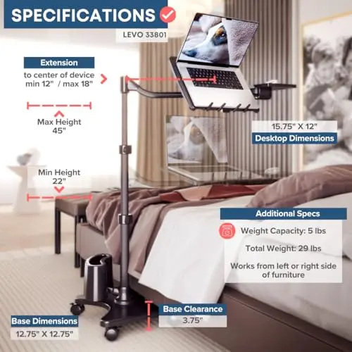 LEVO G2 Deluxe Adjustable Laptop Stand – Rolling Computer Desk & Ergonomic Table for Bed, Sofa, or Office – Portable Mobile Workstation with Tilt – Fits Devices up to 16″ - Charcoal & Black 7