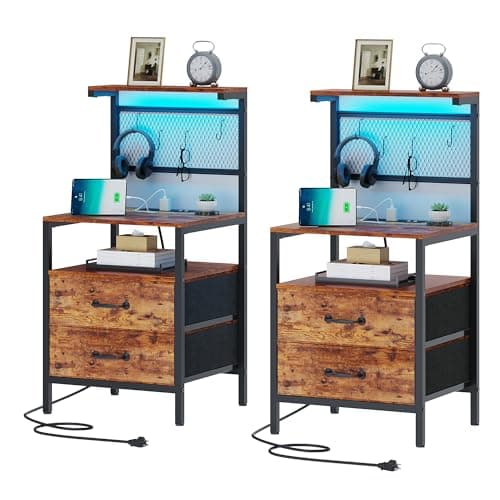 TRIFEBLE Tall Nightstand Set of 2 with Charging Station and LED Lights, Night Stand with Fabric Drawers, Bedside Table 36.4 Inch with Storage Shelves, Side Table, Mesh Shelves with Hooks, Rustic Brown