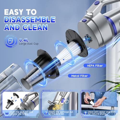 JONYJ Handheld Vacuum Cordless, 16000PA Strong Suction Hand Held Car Vacuum Cleaner, Portable Hand Vacuum Rechargeable with Multi-Nozzles & LED Light for Home, Car, Office, Pets 5