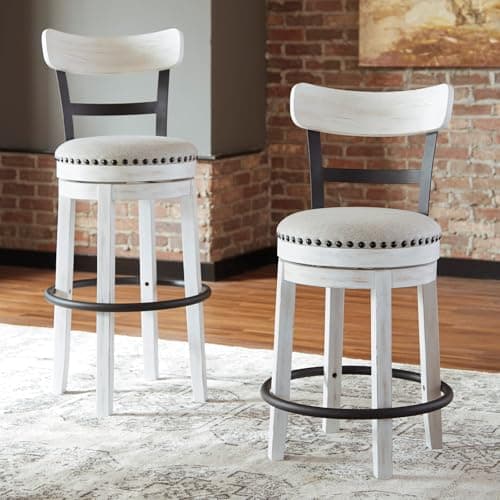 Signature Design by Ashley Valebeck Barstool, Rustic-Industrial Counter Height Chair, 360° Swivel, Wood & Metal Frame, Cushioned Seat, Ideal for Kitchen Island with Seating, Vintage White 8
