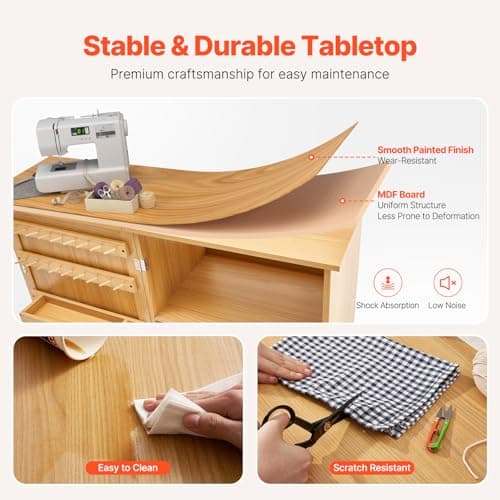 VEVOR Folding Sewing Table, Multipurpose Sewing Machine Table with Compact Design, Wheels, Shelves, Storage Trays, Wooden Pegs, and Magnetic Doors, Sewing Desk Cabinet for Sewing Machine, Wood Color 5