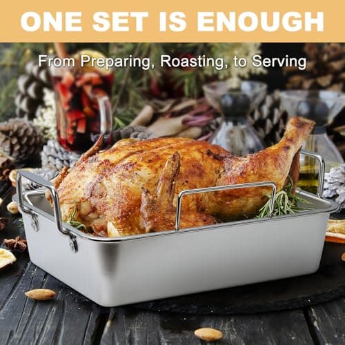 Roasting Pan, 14*10 Inch Stainless Steel Turkey Roaster with Rack - Deep Broiling Pan & V-shaped Rack & Flat Rack, Non-toxic & Heavy Duty, Great for Thanksgiving Christmas Roast Chicken Meat Lasagna 7