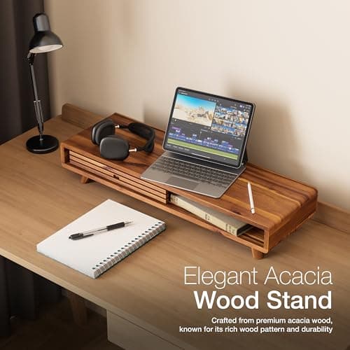 Tinamo Acacia Monitor Stand Riser with Sliding Door - Wooden Monitor Riser for Desk - Computer Monitor Stand for Desk - Multi-Purpose Desktop Storage Stand for Computer; Laptop; TV(24.4 " x 8" x 5") 6