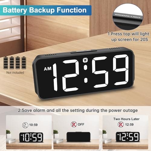 Peakeep Small Digital Alarm Clock Plug in for Bedrooms Bedside, Tiny Electric Clock Large Big Numbers Display Battery Backup for Desk Table, 6 Dimmers, 5 Adjustable Alarm Volume (White) 5