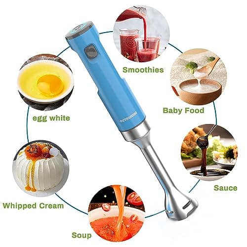 Cordless Hand Blender, OUTRONSM Immersion Blender Rechargeable, with Charging Cable, 500ml Chopper, 600ml container, Egg Whisk, for Smoothies, Milkshakes, Baby Food and Soups – Blue 5