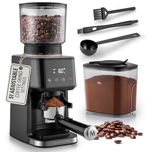 Zulay Kitchen Conical Espresso Burr Coffee Grinder - Touchscreen, 51 Bean Grind Settings, Precision Electric Timer, Stainless Steel - Includes Metal Scooper & 2 Cleaning Brushes