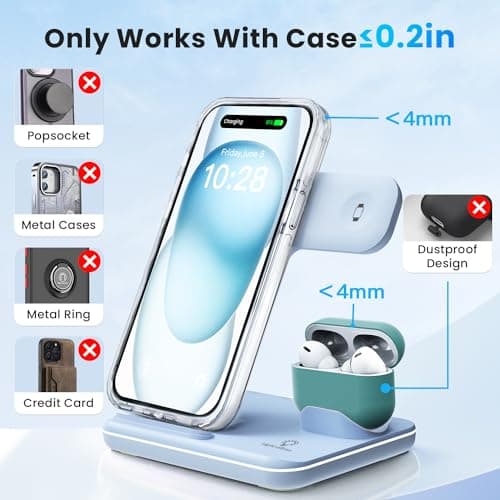 WAITIEE Wireless Charger 3 in 1 Charging Station for for iPhone 16 15 14 13 12 11 X 8 & for Apple Watch, for AirPods 1/2/3/Pro/Pro 2 with Lightning Charging Case(Blue) 8