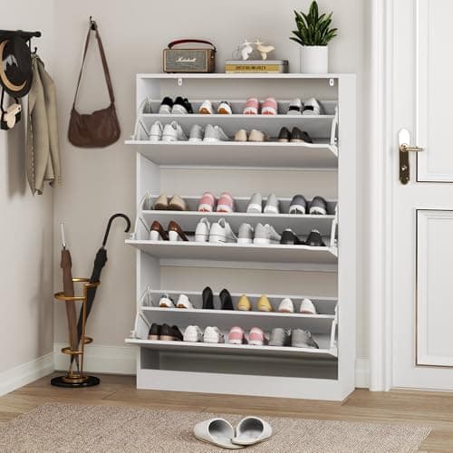 BORNOON Shoe Cabinet with 3 Flip Drawers, Hidden Wood Shoe Cabinet,Freestanding Shoe Storage Cabinet for Entryway Hallway.White. 47.2" H*31.5" W*9.45" D. 7
