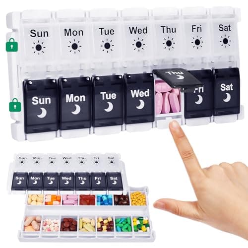 Shintop Pill Organizer 2 Times a Day, Easy Fill Weekly Pill Box Am Pm Push Button Pill Container 7 Day Medicine Organizer for Vitamins Supplements （Black&White）