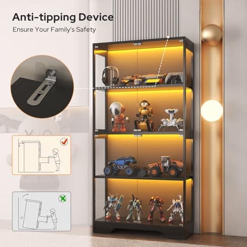 UNIQUITE Display Cabinet with Glass Doors, LED Curio Cabinet with RGB Human Body Sensor Light, 4-Tier Figure Display Case for Collectibles, Tall Bookcase with 4 Shelves, Storage Cabinets, Showcase 8