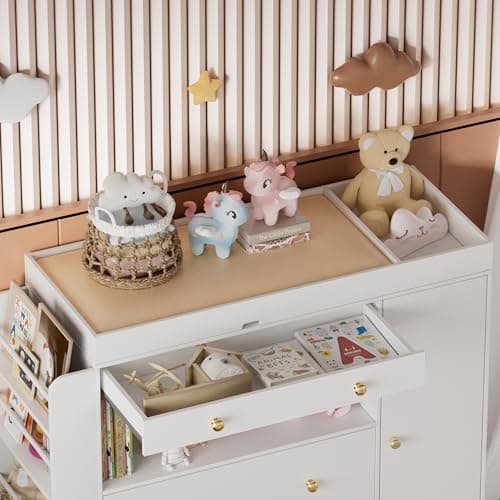 FURNJOYLIFE Nursery Dresser with Baby Changing Table, Modern Diaper Changing Station,Dresser for Nursery with 3 Drawers & Shelves, Storage Crib with Changing Table, White 9