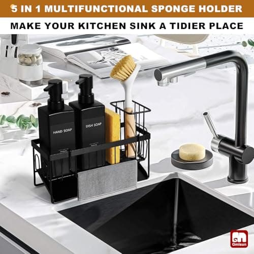 GMISUN Dish Soap Dispenser, 12 fl oz / 350 ml Dual Kitchen Soap Dispensers with Sponge Holder, Customized Matte Black Kitchen Soap Dispenser Set, Modern Hand and Dish Soap Bottle Set Removable 5