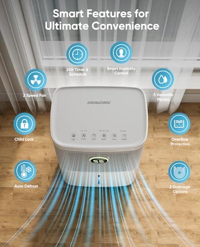 Dravonic 34 Pints Dehumidifier for Basement and Home, Quiet 3-Mode Operation with Continuous Drain Hose, 0.5 Gal Tank, Auto Defrost and 24H Timer for Bedrooms and Bathrooms (White) 6