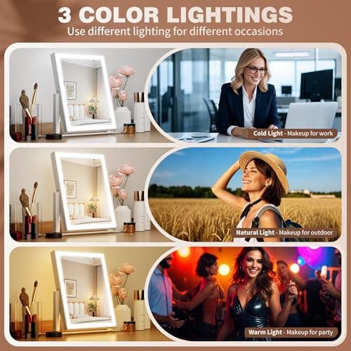 Double Sided Hollywood Vanity Mirror with 1x/5x Magnification and Lights,Rechargeable 10"x12" Lighted Magnifying Makeup Mirror with 3 Color Lighting,Brightness Adjustable,360° Rotation,Gift for Women 5