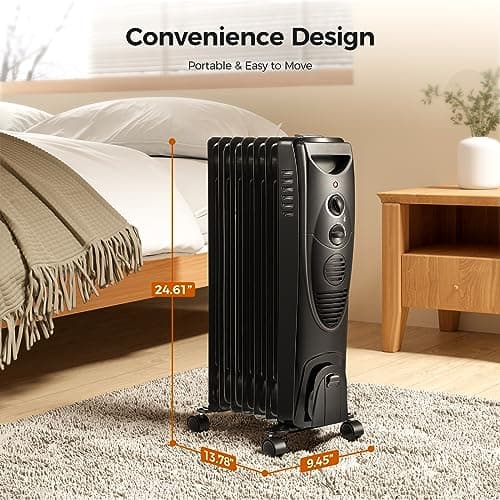 Kismile Portable Electric Radiator Heater, Oil Filled with 3 Heat Settings, Adjustable Thermostat, Overheat & Tip-Over Protection For Indoor Use, 1500W (Black) 5
