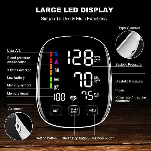 Blood Pressure Monitors for Home Use, 9-17'' & 13-21'' Extra Large Blood Pressure Cuff Upper Arm Blood Pressure Machine, 6 in Large LED Backlit Display, USB Cable & Batteries Included 9