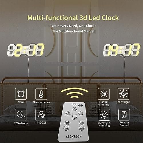 COVERY Digital Wall 3D Clock, Led Desk Clocks, 10 '' Large Number for Bedroom, Living Room, Home and Office - Alarm, Snooze, Temperature, Remote, Nightlight, Auto Light Brightness 5